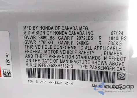 2025 Honda Civic Sport from USA, damaged, VIN 2HGFE2F52SH513213
